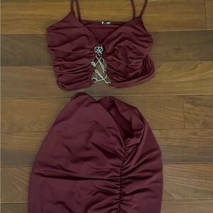 Women’s Burgundy Ruched Two-Piece Skirt Set